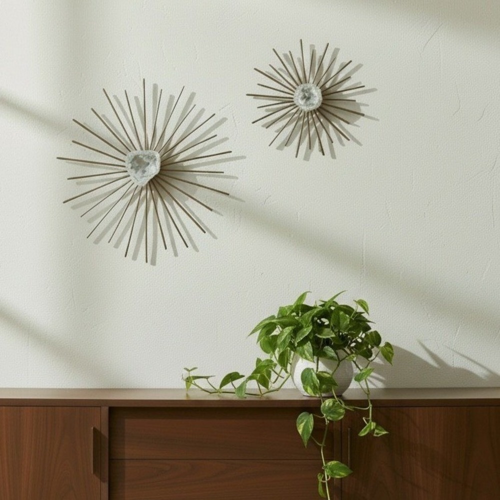 Gold MCM Metal Sunburst Wall Art Set Natural White Quartz Geode Centers 2pc - Picture 2 of 10